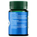 Supplement bottle with blue label and green cap on a white background