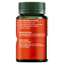 Supplement bottle with red label and green cap on a white background