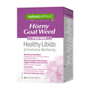 A box of Naturopathica Phyto-Active Horny Goat Weed for Her Healthy Libido & Emotional Wellbeing, featuring a purple and white design with pink accents.