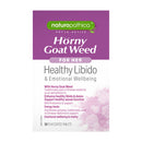 A box of Naturopathica Horny Goat Weed tablets, featuring a purple and white design with pink text and a light pink powder graphic on the lower right.