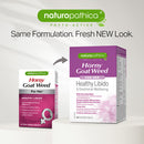 Two Naturopathica Horny Goat Weed supplement boxes shown on a light gray background with marketing text. The smaller box on the left reads 'Horny Goat Weed For Her' and the larger box on the right shows the new packaging with a purple header and pink/white design.