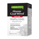 A box of Naturopathica Horny Goat Weed for Him Healthy Libido & Sexual Function, containing 60 film-coated tablets. The packaging features a black top half with a green logo and white text, and a white bottom half with a faint gray pattern.