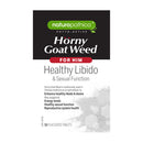 A product box for 'naturopathica Horny Goat Weed' tablets, featuring a black top section with a green logo and white text, and a white bottom section with product details and a faint herbal graphic.