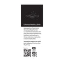 A white rectangular product label with a black header block reading Phyto-Active, followed by the text 'Enhance Healthy Libido' and product details for Naturopathica Phyto-Active Horny Goat Weed For Him. A QR code and recycling symbols appear at the bottom.