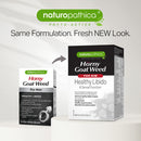 Two boxes of Naturopathica Horny Goat Weed for Him are shown on a light gray background with promotional text. The smaller box on the left reads 'For Him' and the larger box on the right reads 'Healthy Libido & Sexual Function.