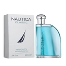 Nautica Classic Eau De Toilette bottle and packaging, 100ml size, with a turquoise blue label and cap, next to its white box packaging with product information.