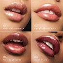 Four different shades of lipstick on lips with color names and numbers.