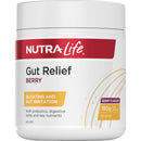 A white plastic tub of Nutra-Life Gut Relief Berry powder, featuring a white label with a red brand banner, yellow-orange text blocks, and gold abstract line details.