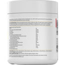 Back of a supplement container with text and ingredients list on a white background