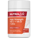 Nutra Life High Strength Vit C + Vit D + Zinc supplement container on a white background