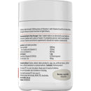 A white plastic bottle of a dietary supplement, shown from the back with its label facing the camera. The label features black and red text detailing dosage, ingredients, and warnings, with a gray oval indicating the actual product size.