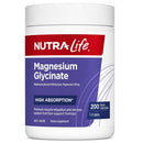 A white plastic bottle of Nutra-Life Magnesium Glycinate dietary supplement with a red and purple label, containing 200 capsules.
