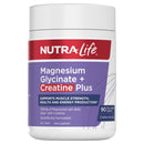 A white plastic bottle of Nutra-Life Magnesium Glycinate + Creatine Plus dietary supplement, featuring a purple and red label with white text, on a clean white background.