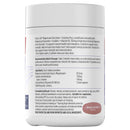 A white plastic bottle of Nutra-Life Magnesium Glycinate capsules, showing the back of the package with text details and a small pink circular label near the bottom.