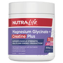 A white plastic tub of Nutra-Life Magnesium Glycinate + Creatine Plus dietary supplement, featuring a purple and red label on a clean white background.