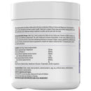 Back view of a supplement container with text and ingredient list on a white background