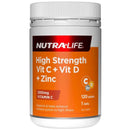 Nutra-Life High Strength Vit C + Vit D + Zinc supplement bottle on a white background