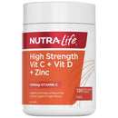 Nutra Life High Strength Vit C + Vit D + Zinc supplement container on a white background