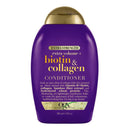 A bottle of OGX Extra Strength Biotin & Collagen Conditioner, with purple packaging and a gold cap.