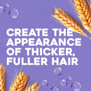 Text 'Create the appearance of thicker, fuller hair' with wheat stalks and molecular structures on a purple background.