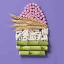 Stack of green bamboo sticks, white cylindrical objects, and pink spherical objects on a purple background