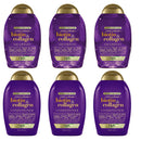Six bottles of OGX shampoo and conditioner with biotin and collagen ingredients on a white background.