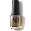 OPI nail polish bottle with metallic gold color on a white background
