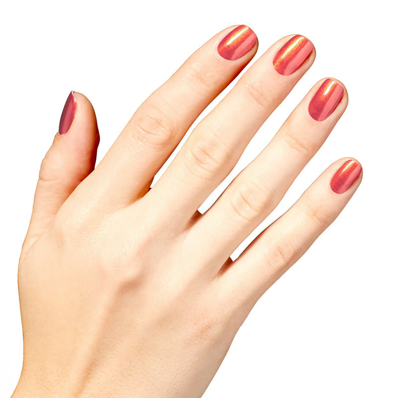 Hand with red nail polish on a white background