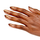 Hand with bronze nail polish on a white background