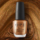 OPI nail polish bottle on a glittery bronze background