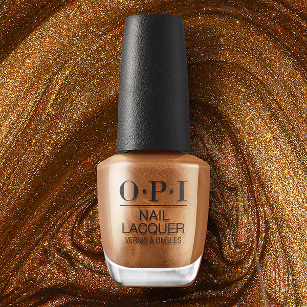 OPI nail polish bottle on a glittery bronze background
