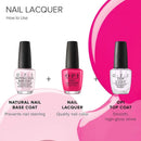 Three OPI nail polish bottles with labels on a pink and white background