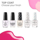 Collection of OPI nail top coats with various finishes on a white background.