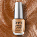 OPI Infinite Shine nail polish bottle on a bronze glittery background