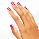 Hand with pink nail polish on a white background