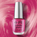 OPI Infinite Shine nail polish bottle on a pink swirled background