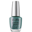 OPI Infinite Shine gel nail polish in a metallic teal shade, shown in a clear glass bottle with a reflective silver cap on a white background.