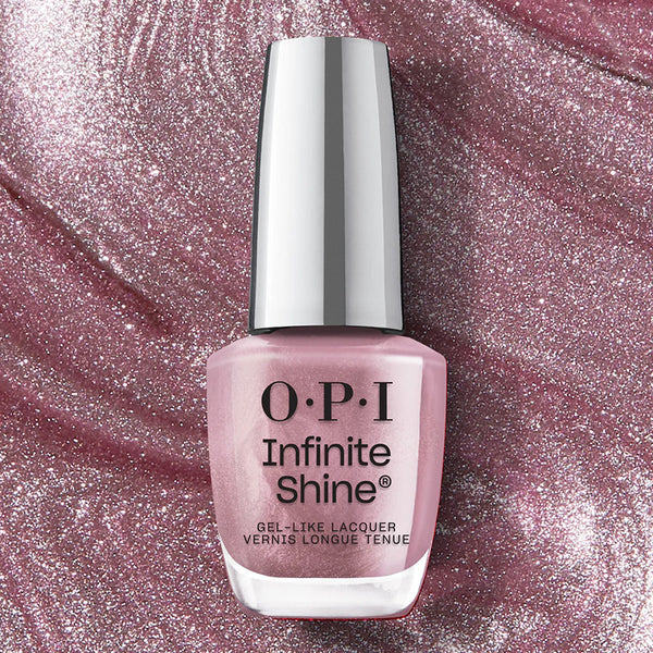 OPI Infinite Shine nail polish bottle on a glittery pink background