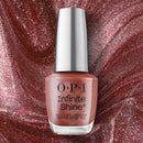 OPI Infinite Shine nail polish bottle on a glittery red background