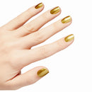 Hand with gold nail polish on a white background