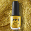 OPI nail polish bottle on a gold glitter background