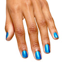 Hand with blue nail polish on a white background