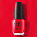 Red OPI nail polish bottle on a red background