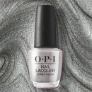 OPI nail lacquer bottle on a silver glittery background
