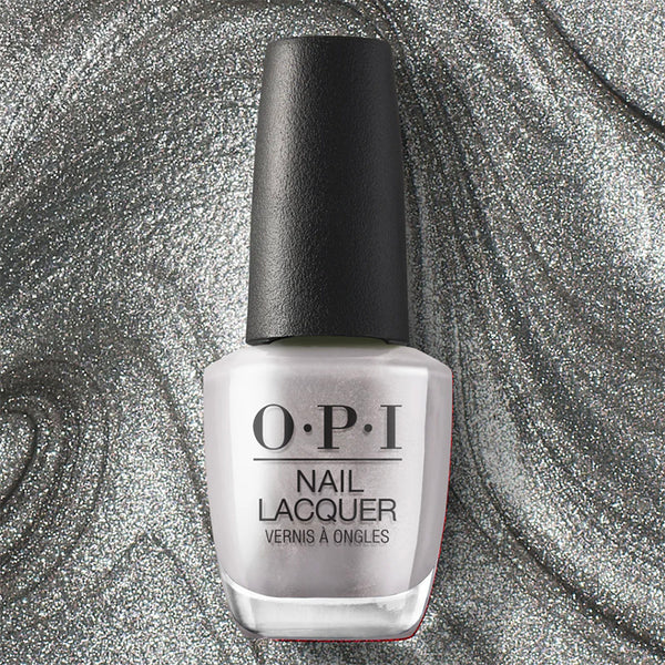 OPI nail lacquer bottle on a silver glittery background