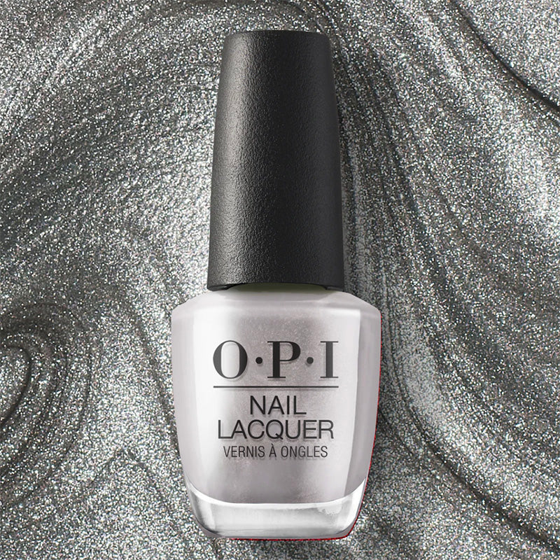 OPI nail lacquer bottle on a silver glittery background