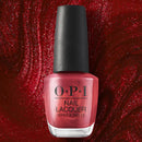 OPI nail polish bottle on a red glittery background