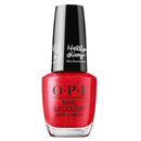 Red nail polish bottle with black cap on a white background