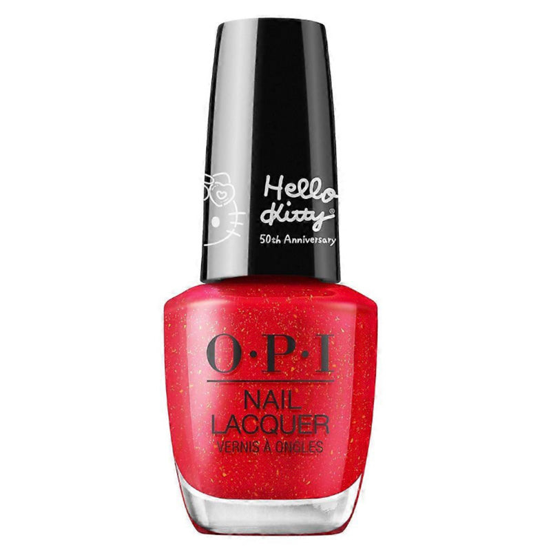 Red nail polish bottle with black cap on a white background