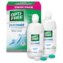 Opti-Free PureMoist contact lens solution twin pack with two bottles and a box on a white background